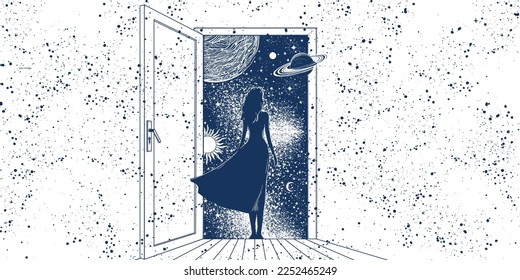 Mystical background with a woman for astrology, the girl stands with her back at the open door to space. Magic illustration with planets, concept of surrealism and psychedelics. Vector banner.