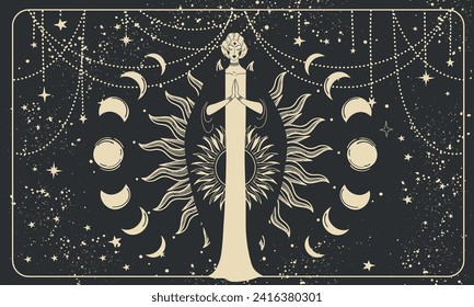 Mystical background with woman for astrology and horoscope, divine boho design. Lunar lady with sun and moon symbol, oriental style. Heavenly illustration with black background and gold hand drawing.