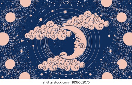 Mystical banner for astrology or boho design, crescent moon with face on blue background and clouds. Sacred geometry. Vector illustration for postcard, poster, cover