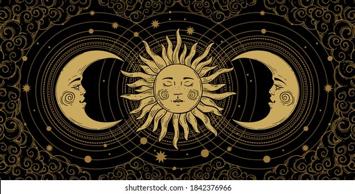 Mystical banner for astrology, tarot, boho design. Universe art, golden crescent and sun on a black background with clouds. Esoteric vector illustration, engraving