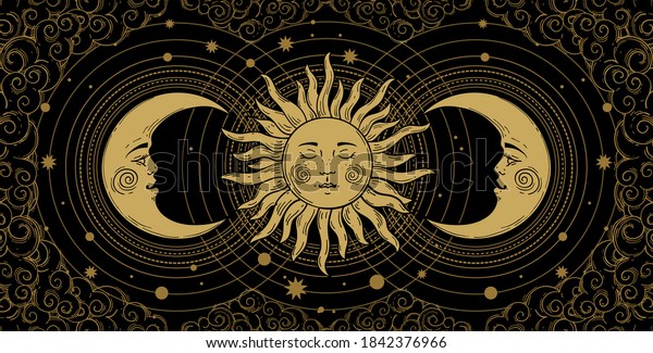 星占い タロット ボホデザインの神秘的なバナー 黒い背景に雲を持つ宇宙アート 金色の三日月 太陽 密教のベクターイラスト 彫刻 のベクター画像素材 ロイヤリティフリー