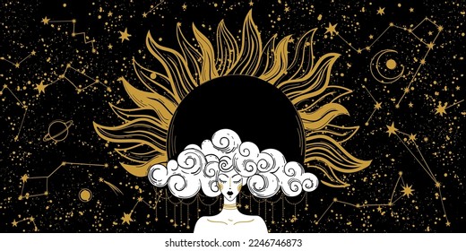 Mystical banner for astrology, zodiac and horoscope, woman on black space background with golden sun and constellations. Esoteric spiritual vector illustration, divination.