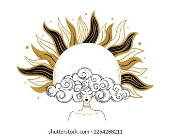 Mystical banner for astrology, zodiac and horoscope, woman with golden sun and cloudy hair, heavenly tarot icon. Magic boho vector illustration