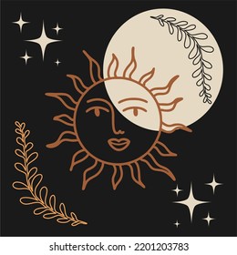 Mystical banner with the sun and plants on a black background. Boho background for astrology, tarot. Heaven vector illustration.