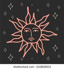 Mystical banner with the sun and plants on a black background. Boho background for astrology, tarot. Heaven vector illustration.