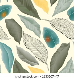 Mystical beautiful palm leaves on a white background seamless pattern. Vector illustration with tropical plants. EPS10