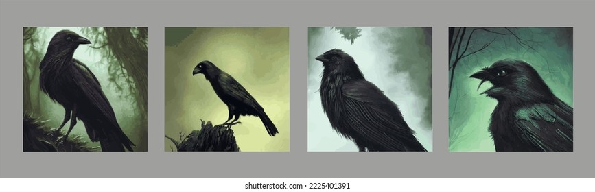 Mystical Bird Crow, Gothic symbol, Halloween, fear , black crows in a terrible foggy forest. Set vector illustration