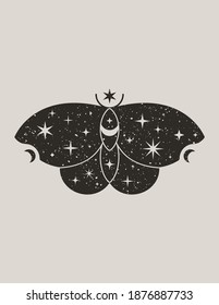 Mystical Black Butterfly in Trendy Boho Style. Vector Magic Moth Silhouette with Stars and Moon for printing on wall, T-shirt, tattoo, social media post and stories