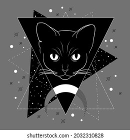 El gato negro místico al estilo boho. Silueta vectorial de gato mágico con creciente y estrellas para imprimir en tarjetas, paredes, camisetas, publicaciones en medios sociales e historias gráficos místicos góticos. Halloween. Wicca.