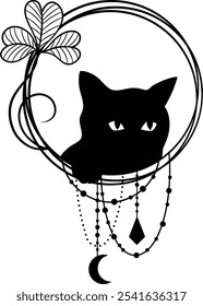 A mystical black cat framed by elegant vines and charms, embodying the essence of night