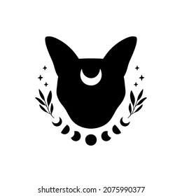 Mystical black cat with moon phases. Celestial animal vector illustration. Esoteric concept. Boho modern poster, witchy card, magical t-shirt print. Witchcraft symbol.