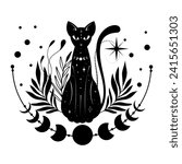 Mystical black cat. Moon, sun, grass, stars. Esoteric symbols, tattoo, logo.