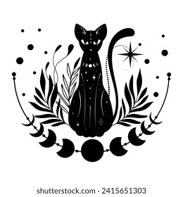 Mystical black cat. Moon, sun, grass, stars. Esoteric symbols, tattoo, logo.