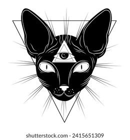 Mystical black cat. Moon, sun, grass, stars. Esoteric symbols, tattoo, logo.