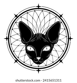 Mystical black cat. Moon, sun, grass, stars. Esoteric symbols, tattoo, logo.