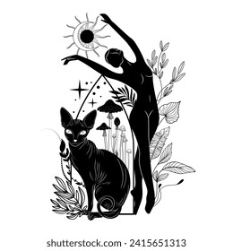 Mystical black cat. Moon, sun, grass, stars. Esoteric symbols, tattoo, logo.