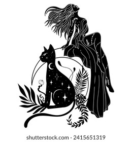 Mystical black cat. Moon, sun, grass, stars. Esoteric symbols, tattoo, logo.