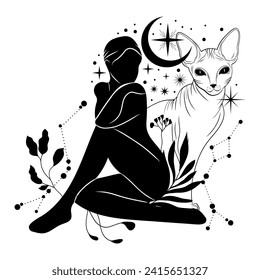 Mystical black cat. Moon, sun, grass, stars. Esoteric symbols, tattoo, logo.