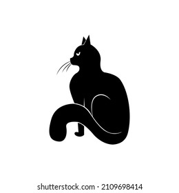 Mystical Black cat on white background. Vector silhouetted cat. A pet. Black Cat Silhouette on White Background. Icon Vector Illustration. Concept for Logo, Print, Sticker.