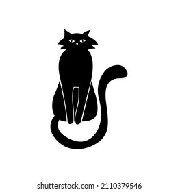 Mystical Black cat on white background. Vector silhouetted cat. A pet. Black Cat Silhouette on White Background. Icon Vector Illustration. Concept for Logo, Print, Sticker.