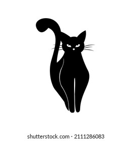 Mystical Black cat on white background. Vector silhouetted cat. A pet. Black Cat Silhouette on White Background. Icon Vector Illustration. Concept for Logo, Print, Sticker.
