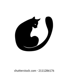 Mystical Black cat on white background. Vector silhouetted cat. A pet. Black Cat Silhouette on White Background. Icon Vector Illustration. Concept for Logo, Print, Sticker.