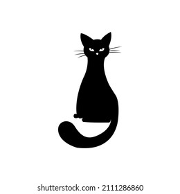 Mystical Black cat on white background. Vector silhouetted cat. A pet. Black Cat Silhouette on White Background. Icon Vector Illustration. Concept for Logo, Print, Sticker.