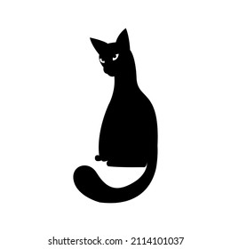 Mystical Black cat on white background. Vector silhouetted cat. A pet. Black Cat Silhouette on White Background. Icon Vector Illustration. Concept for Logo, Print, Sticker.