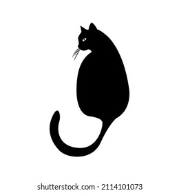 Mystical Black cat on white background. Vector silhouetted cat. A pet. Black Cat Silhouette on White Background. Icon Vector Illustration. Concept for Logo, Print, Sticker.