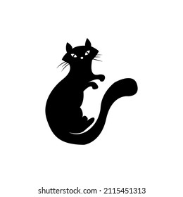 Mystical Black cat on white background. Vector silhouetted cat. A pet. Black Cat Silhouette on White Background. Icon Vector Illustration. Concept for Logo, Print, Sticker.