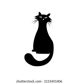 Mystical Black cat on white background. Vector silhouetted cat. A pet. Black Cat Silhouette on White Background. Icon Vector Illustration. Concept for Logo, Print, Sticker.