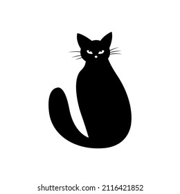 Mystical Black cat on white background. Vector silhouetted cat. A pet. Black Cat Silhouette on White Background. Icon Vector Illustration. Concept for Logo, Print, Sticker.