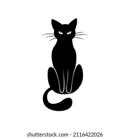 Mystical Black cat on white background. Vector silhouetted cat. A pet. Black Cat Silhouette on White Background. Icon Vector Illustration. Concept for Logo, Print, Sticker.