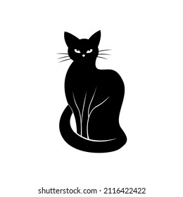Mystical Black cat on white background. Vector silhouetted cat. A pet. Black Cat Silhouette on White Background. Icon Vector Illustration. Concept for Logo, Print, Sticker.