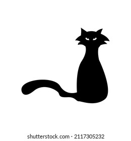 Mystical Black cat on white background. Vector silhouetted cat. A pet. Black Cat Silhouette on White Background. Icon Vector Illustration. Concept for Logo, Print, Sticker.
