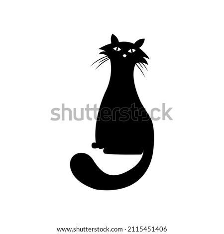 Mystical Black cat on white background. Vector silhouetted cat. A pet. Black Cat Silhouette on White Background. Icon Vector Illustration. Concept for Logo, Print, Sticker.