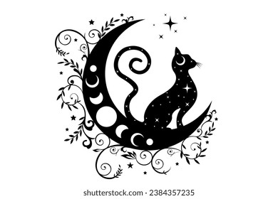 Mystical black cat over celestial crescent moon and moon phases, witchcraft symbol, witchy esoteric logo tattoo. Vector esoteric wiccan clipart in boho style isolated on white background