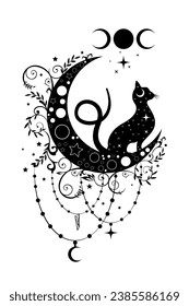 Mystical black cat over celestial crescent moon and triple goddess, witchcraft symbol, witchy esoteric logo tattoo. Vector esoteric wiccan clipart in boho style isolated on white background