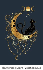 Mystical black cat over celestial crescent moon and triple goddess, witchcraft symbol, witchy esoteric gold logo. Vector golden luxury wiccan clipart in boho style isolated on blue background