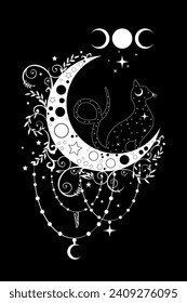 Mystical black cat over celestial crescent moon and triple goddess, witchcraft symbol, witchy esoteric logo tattoo. Vector esoteric wiccan clipart in boho style isolated on black background