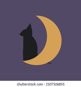 Mystical black cat sitting on the crescent Moon. Moon child. Trendy boho style cat silhouette.