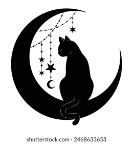 Mystical Black Cat Sitting on the Crescent Moon with Star, Silhouette Design