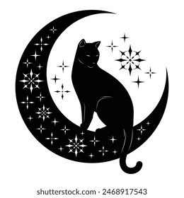 Mystical Black Cat Sitting on the Crescent Moon with Stars, Silhouette Design