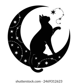 Mystical Black Cat Sitting on the Crescent Moon Playing with Stars, Silhouette Design