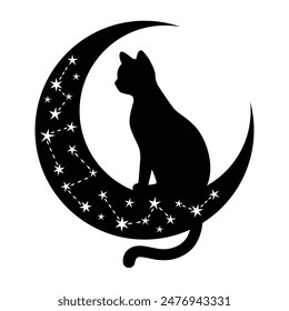 Mystical Black Cat Sitting on the Crescent Moon with Stars, Silhouette Design