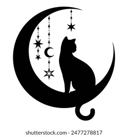 Mystical Black Cat Sitting on the Crescent Moon with Stars, Silhouette Design