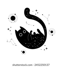 Mystical black cat with stars and planets on a white background. Vector illustration.