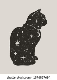 Mystical Black Cat in Trendy boho style. Vector magic cat silhouette with stars and Moon for printing on wall, T-shirt, tattoo, social media post and stories