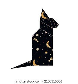 Mystical black cat in trendy boho style. Golden stars and sequin elements. Vector magic cat silhouette with stars and prints, T-shirt, tattoo, social media.