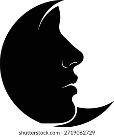 Una mística luna creciente negra con una serena silueta de perfil de cara humana perfecta para proyectos de astrología, tarot y Diseños gráficos de temática celestial. Ilustración vectorial